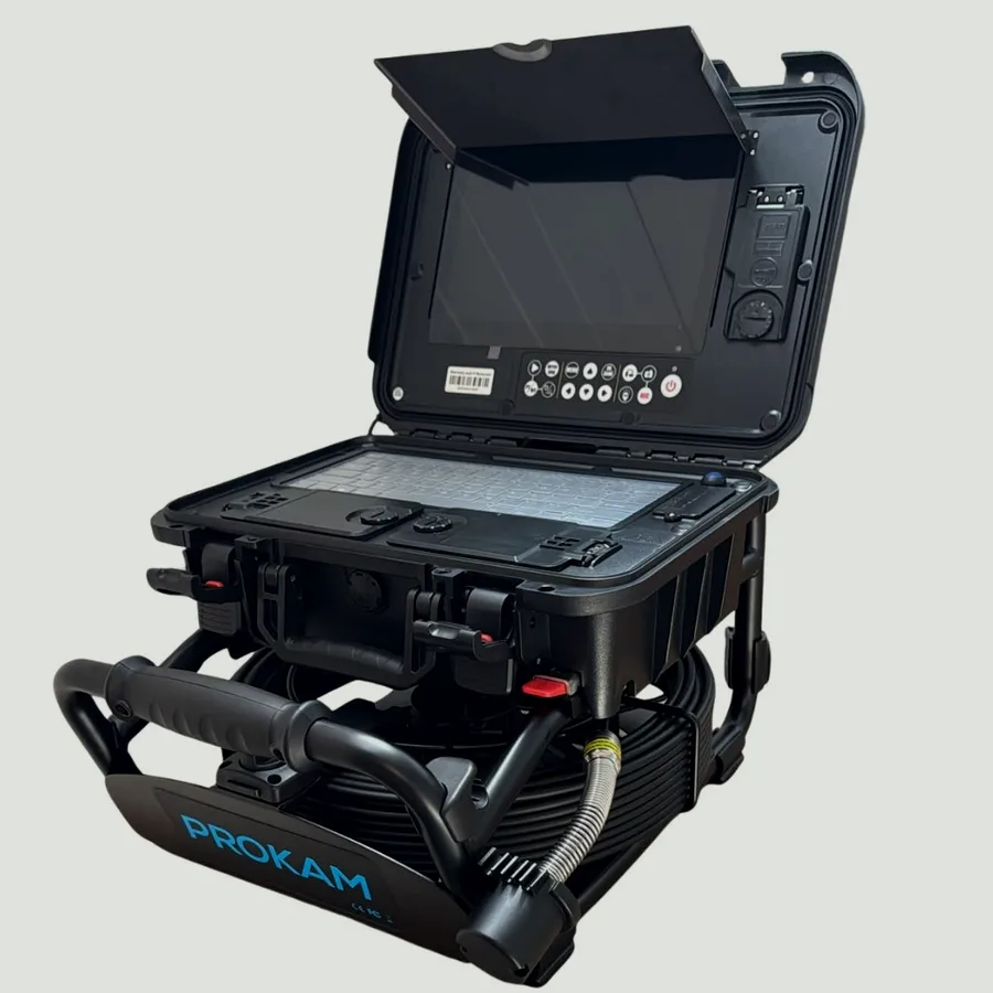 Prokam PRO+ HD sewer camera, monitor open on its 130 ft push rod reel