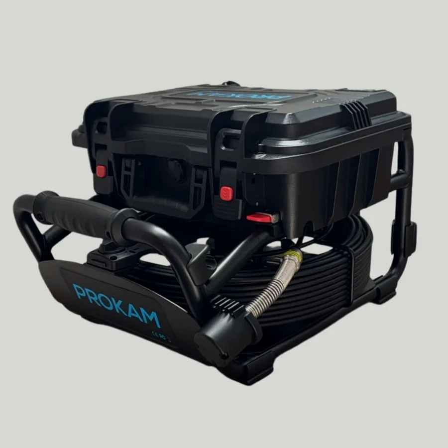 Prokam PRO+ closed for transport, monitor case locked on top of the reel frame